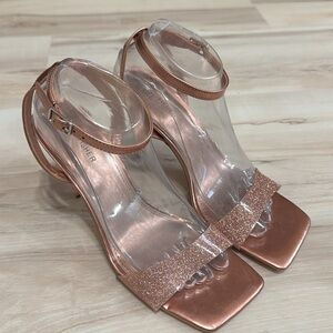Marc Fisher Rose Gold Glitter Cone Heel Sandals Size 9 Ankle Strap Party Heels